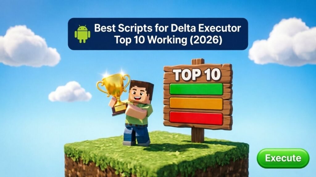 Best Scripts for Delta Executor top 10 guide cover: blocky character holding a trophy beside a TOP 10 leaderboard with green, amber, and red tier bars, navy title banner and Execute button