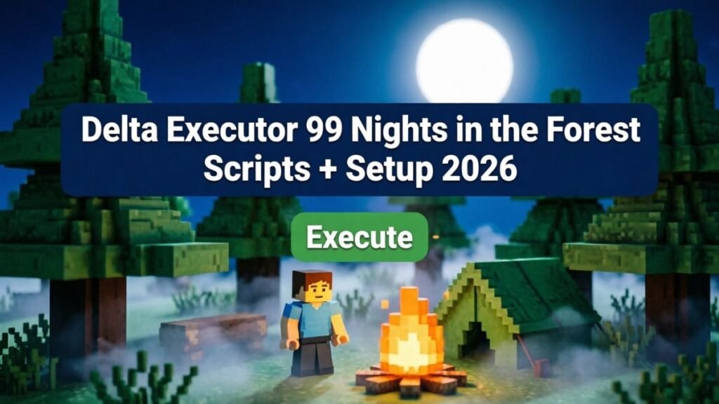 Delta Executor 99 Nights in the Forest guide cover: blocky night forest with campfire, tent, and character, title banner and Execute button