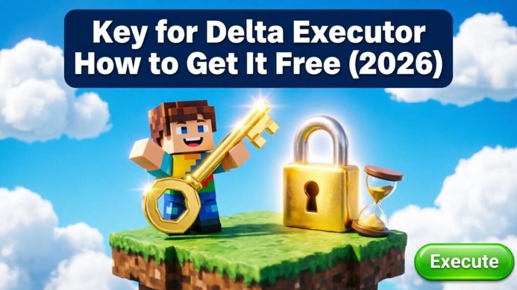 Key for Delta Executor guide cover: blocky character holding a golden key beside a glowing padlock and hourglass timer, navy title banner and Execute button