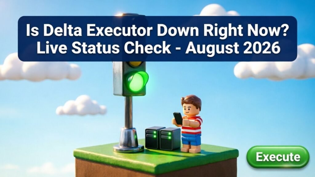 Is Delta Executor Down status guide cover: blocky scene with green traffic light, server boxes, and character checking a phone, navy title banner and Execute button