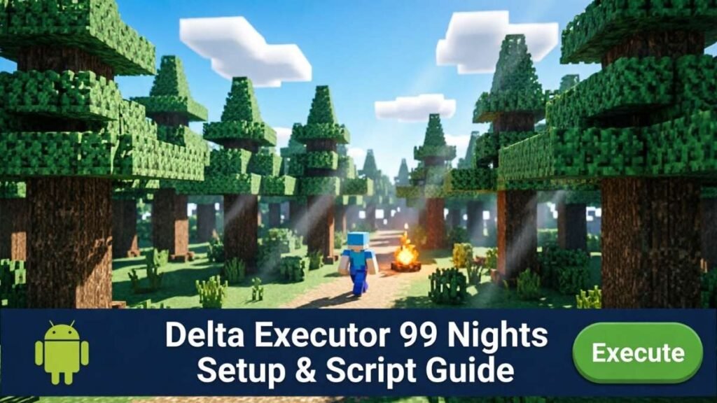 Delta Executor 99 Nights setup and script guide cover: blocky daytime forest trail with walking character, navy title banner, and Execute button