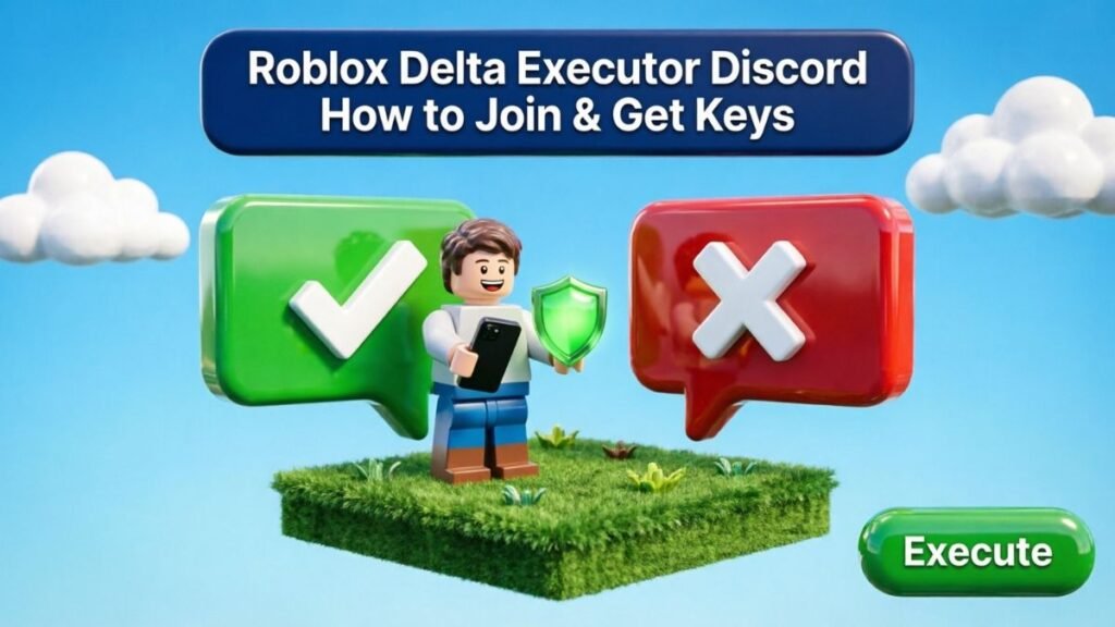 Roblox Delta Executor Discord guide cover: blocky character holding a phone and shield between a green check chat bubble and a red X chat bubble, navy title banner and Execute button