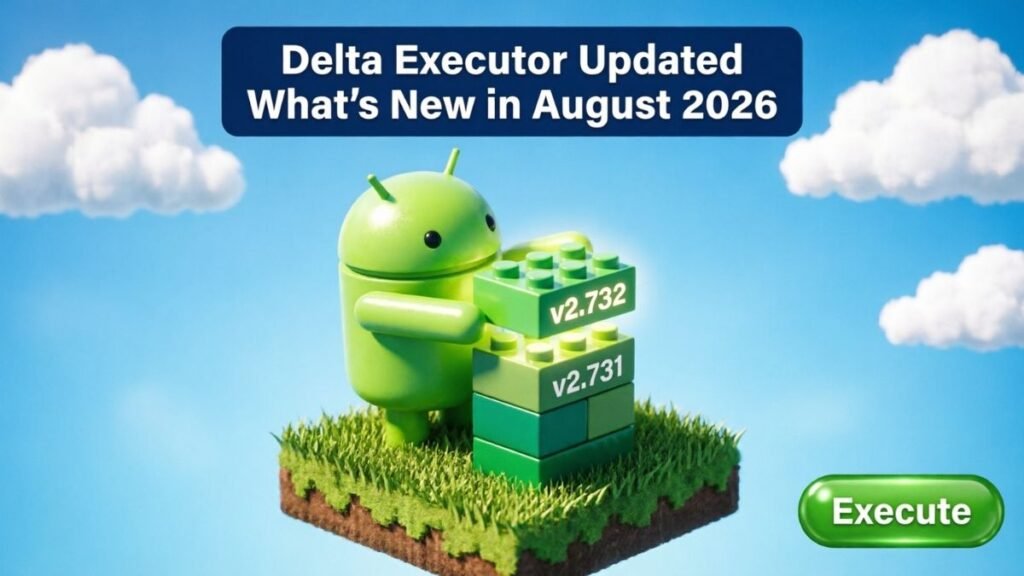 Delta Executor Updated August 2026 guide cover: Android robot stacking a v2.732 block on a v2.731 block, navy title banner and Execute button