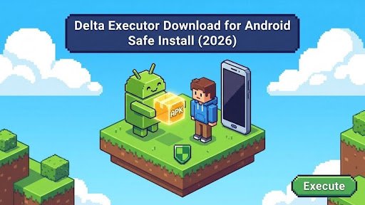 Delta Executor Download for Android guide cover: Android robot handing an APK box to a blocky character beside a smartphone, navy title banner and Execute button