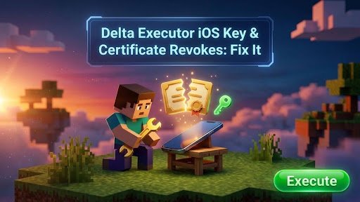 Delta Executor iOS Key and Certificate Revokes guide cover: blocky character with a wrench beside an iPhone under a cracked golden certificate badge, navy title banner and Execute button