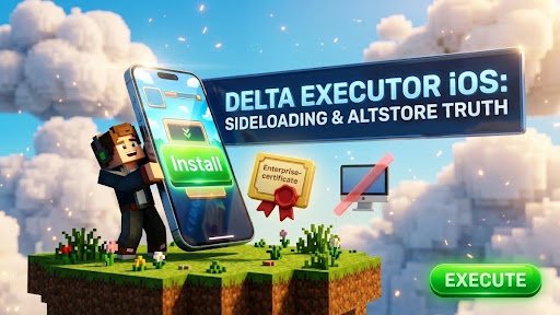 Delta Executor iOS guide cover: blocky character holding a large iPhone with an Install prompt beside a golden certificate badge and crossed-out computer icon, navy title banner and Execute button
