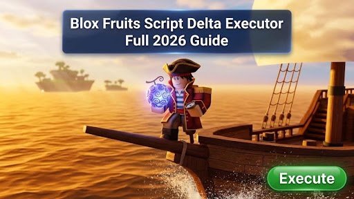 Blox Fruits Script Delta Executor guide cover: blocky pirate character on a ship bow holding a glowing devil fruit over a golden-hour ocean, navy title banner and Execute button