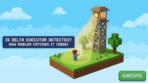 Is Delta Executor Detected guide cover: blocky watchtower spotlight sweeping over a character holding a script page, navy title banner and Execute button