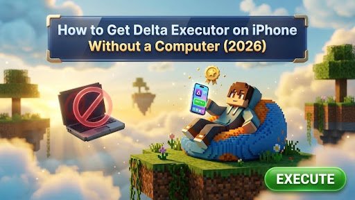 How to Get Delta Executor on iPhone Without a Computer guide cover: blocky character lounging with an iPhone showing an Install prompt beside a crossed-out laptop, navy title banner and Execute button