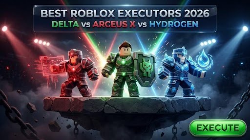 Best Roblox Executors 2026 guide cover: three blocky champions on a podium representing Delta, Arceus X, and Hydrogen under versus spotlights, navy title banner and Execute button