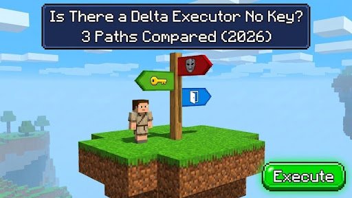 Is There a Delta Executor No Key guide cover: blocky character at a three-way signpost with green, red, and blue path signs, navy title banner and Execute button.